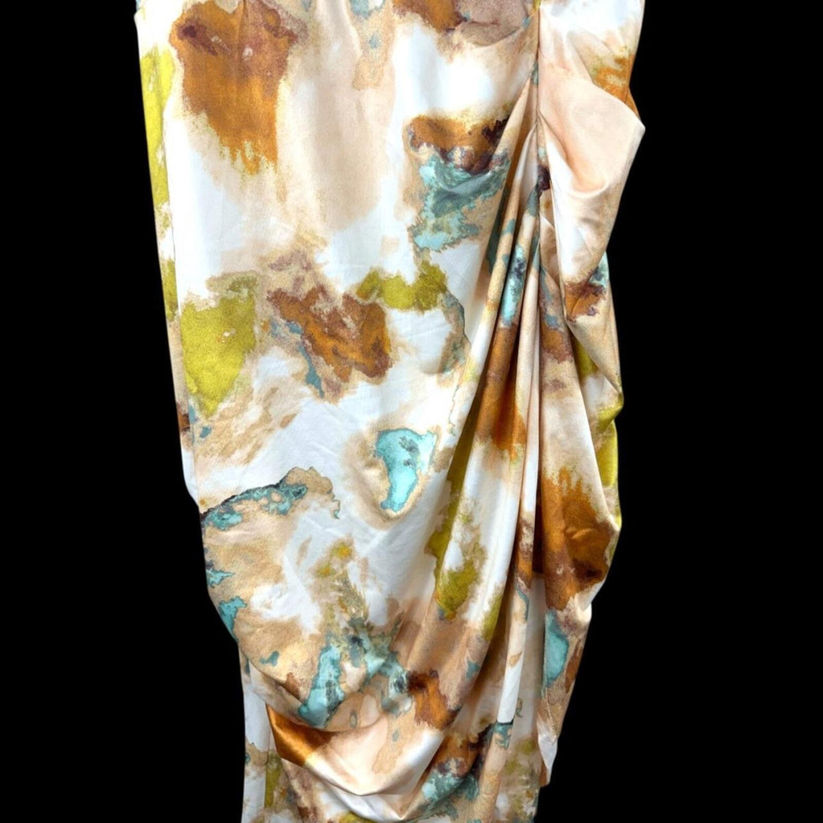 Ruched Abstract Midi Slip Dress Yellow Green Artistic Print