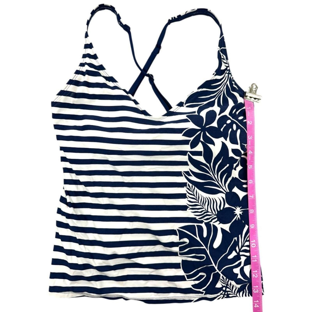 Beach House Tankini Swim Top Navy White Striped Tropical Leaf Y2K