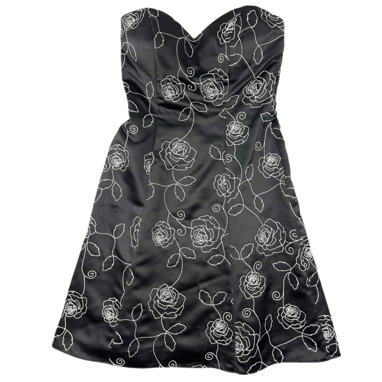 White House Black Market Strapless Black Sateen Dress with White Floral Embroide