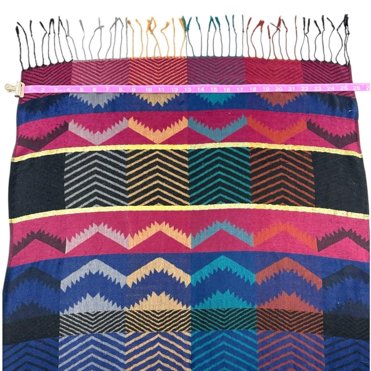 Colorful Geometric Patterned Scarf with Fringe