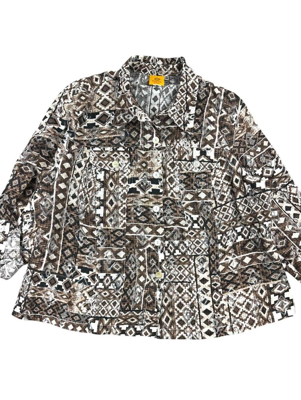 Ruby Rd. Brown Tribal Geometric Button Down Blouse Lightweight Jacket