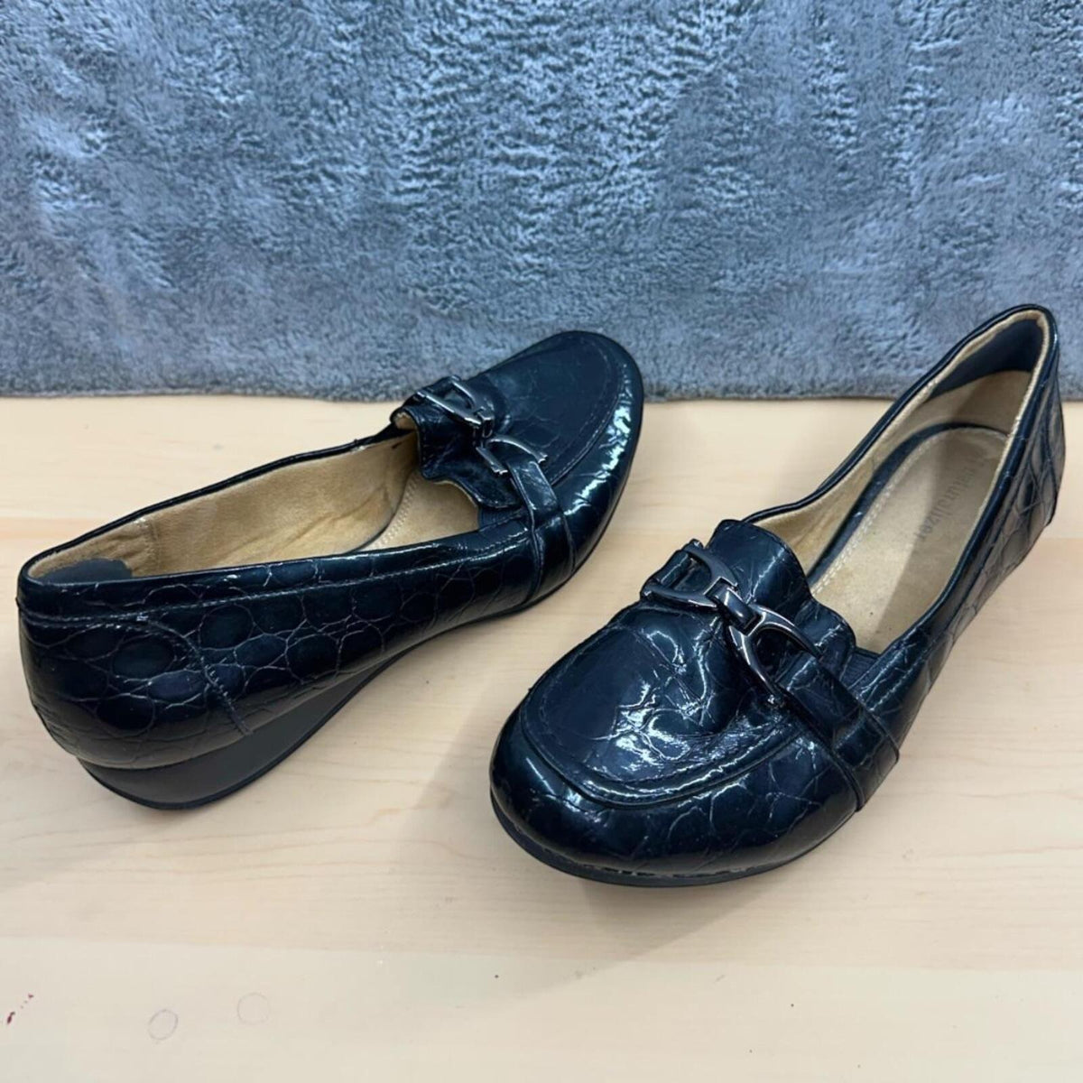 Naturalizer Black Faux Croc Patent Leather Loafers with Metallic