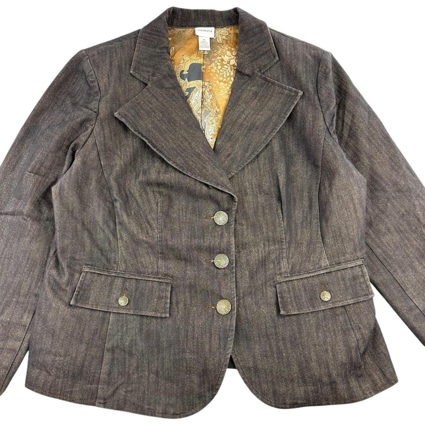 Venezia Vintage 90s Dark Brown Blazer with Gold Paisley Lining Y2K