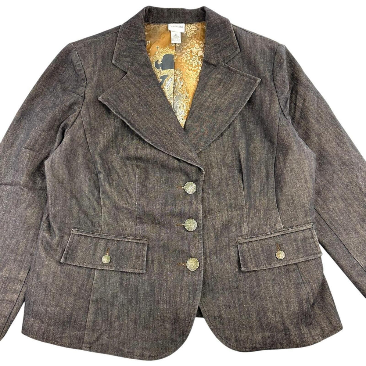 Venezia Vintage 90s Dark Brown Blazer with Gold Paisley Lining Y2K