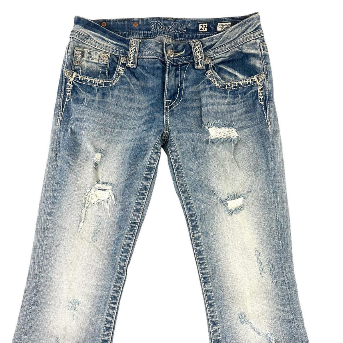Miss Me Y2K Bootcut Jeans Rhinestone Embellished Pockets Distressed Detailing