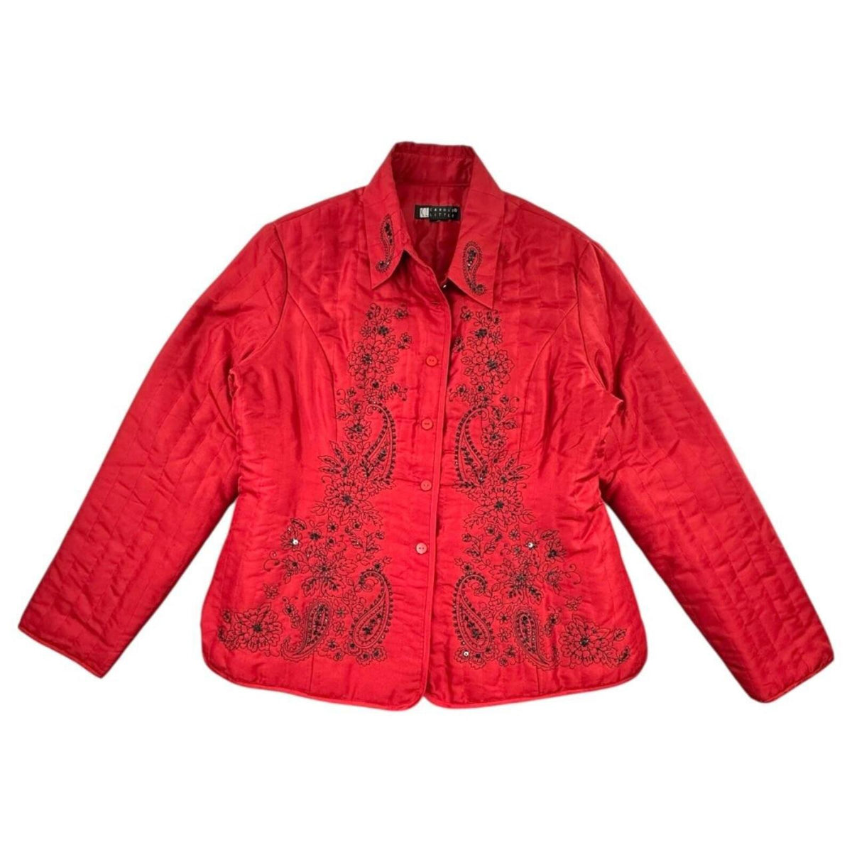 Carole Little Vintage Red Quilted Silk Jacket with Black Floral Embroidery