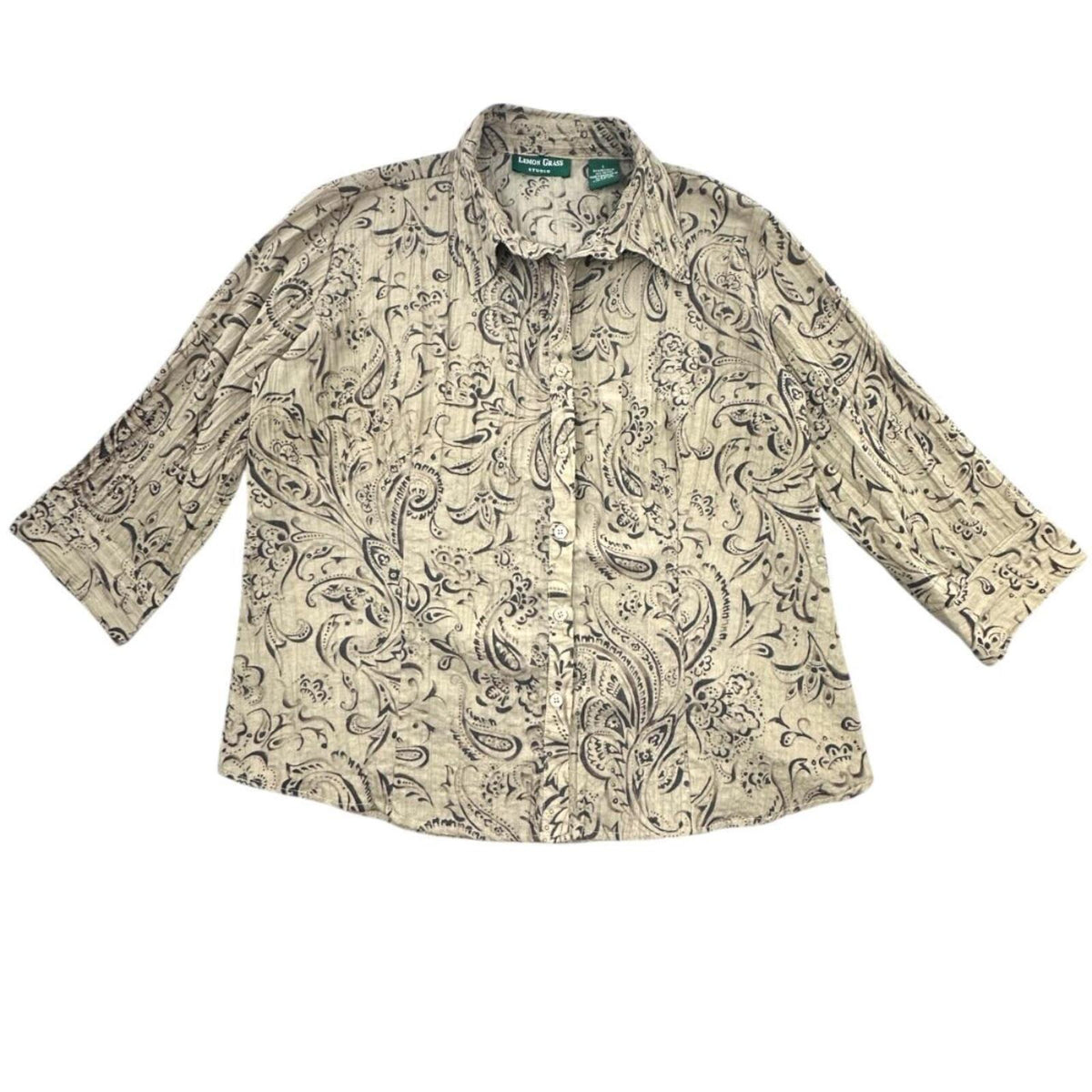 Lemon Grass Studio Brown Tan Paisley Button Down Blouse Y2K Bohemian Casual