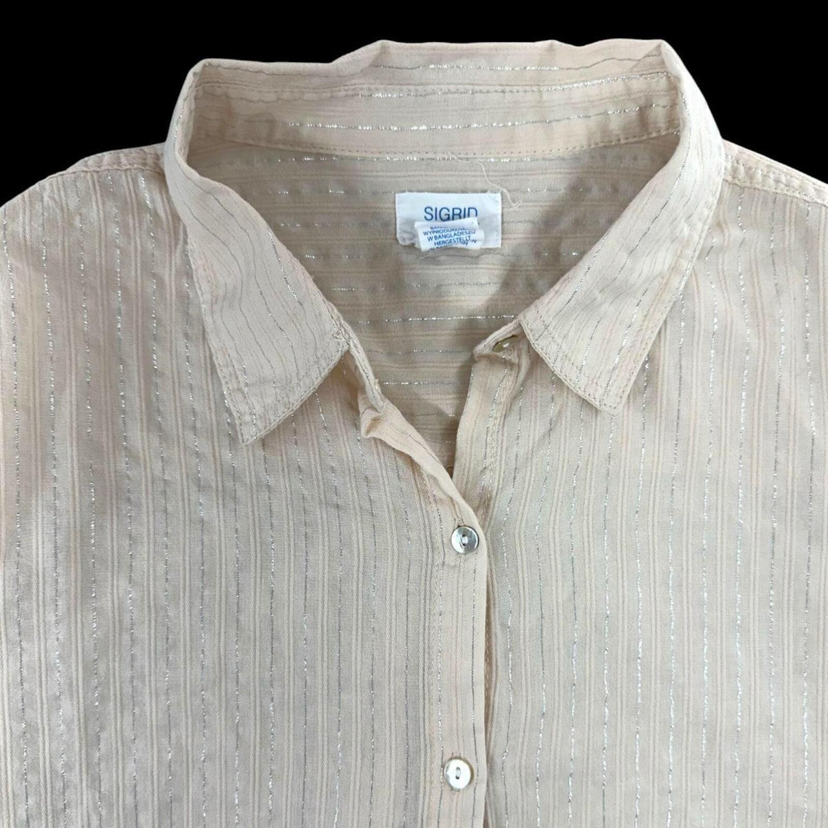 Sigrid Olsen Vintage Cream Linen Blend Button Down Blouse with Metallic Pinstrpe
