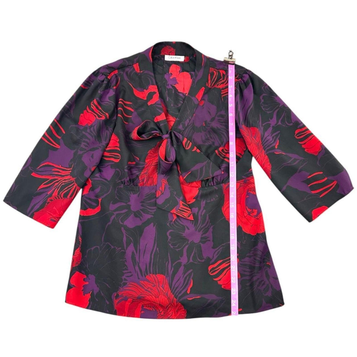 Calvin Klein Floral Bow Collar 3/4 Sleeve Blouse Red Purple