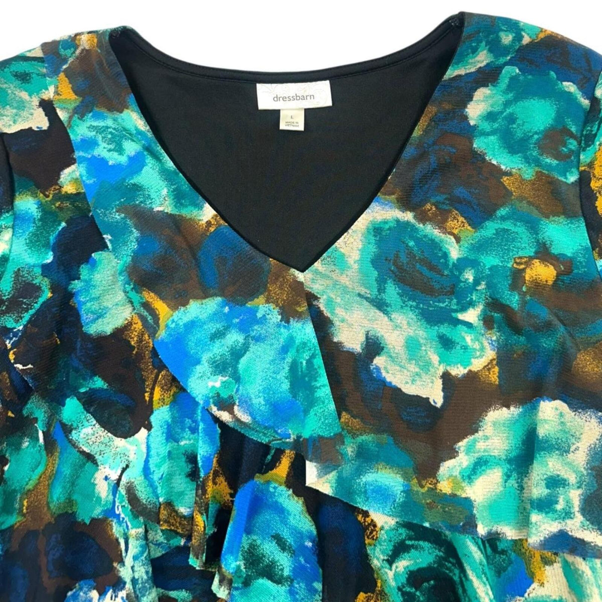Dressbarn Y2K Floral Print V Neck Ruffle Blouse in Blue Teal Green