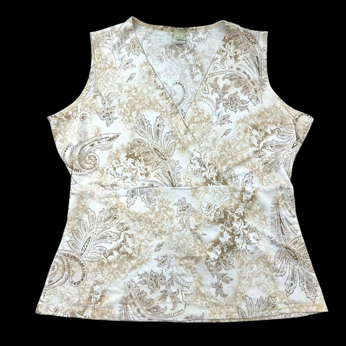 Kiwi Y2K Sleeveless Faux Wrap Paisley Top in Cream and Gold