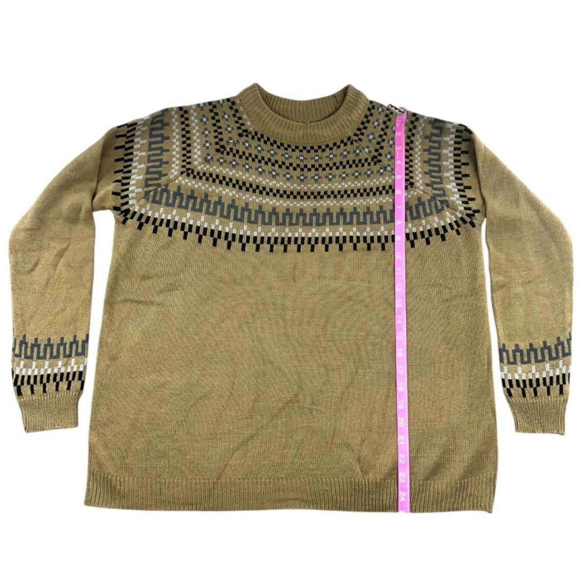 Tan Nordic Style Sweater Crewneck Geometric Pattern Knit Pullover