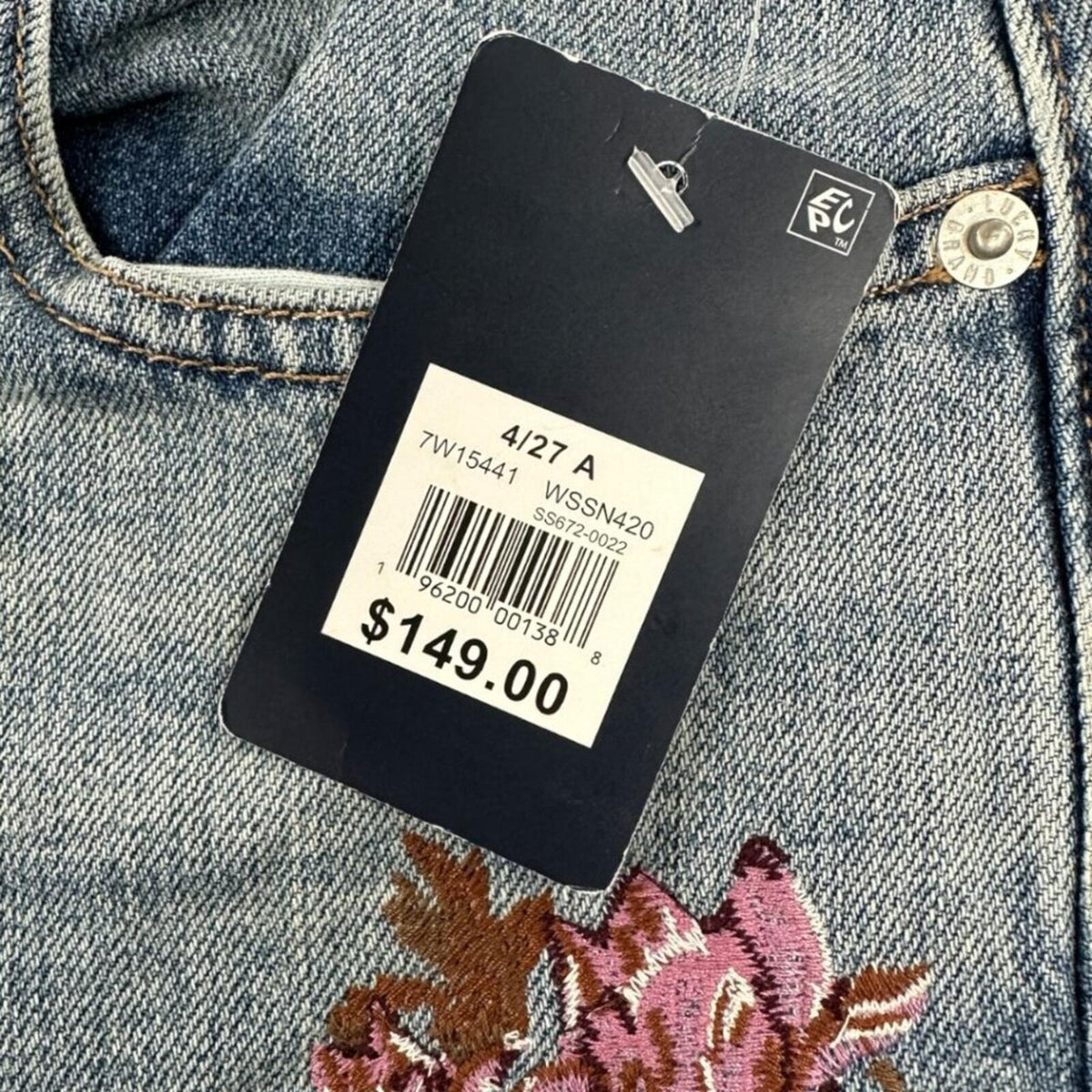 Lucky Brand Drew Floral High Rise Mom Jeans Blue Denim with Pink Embroidery