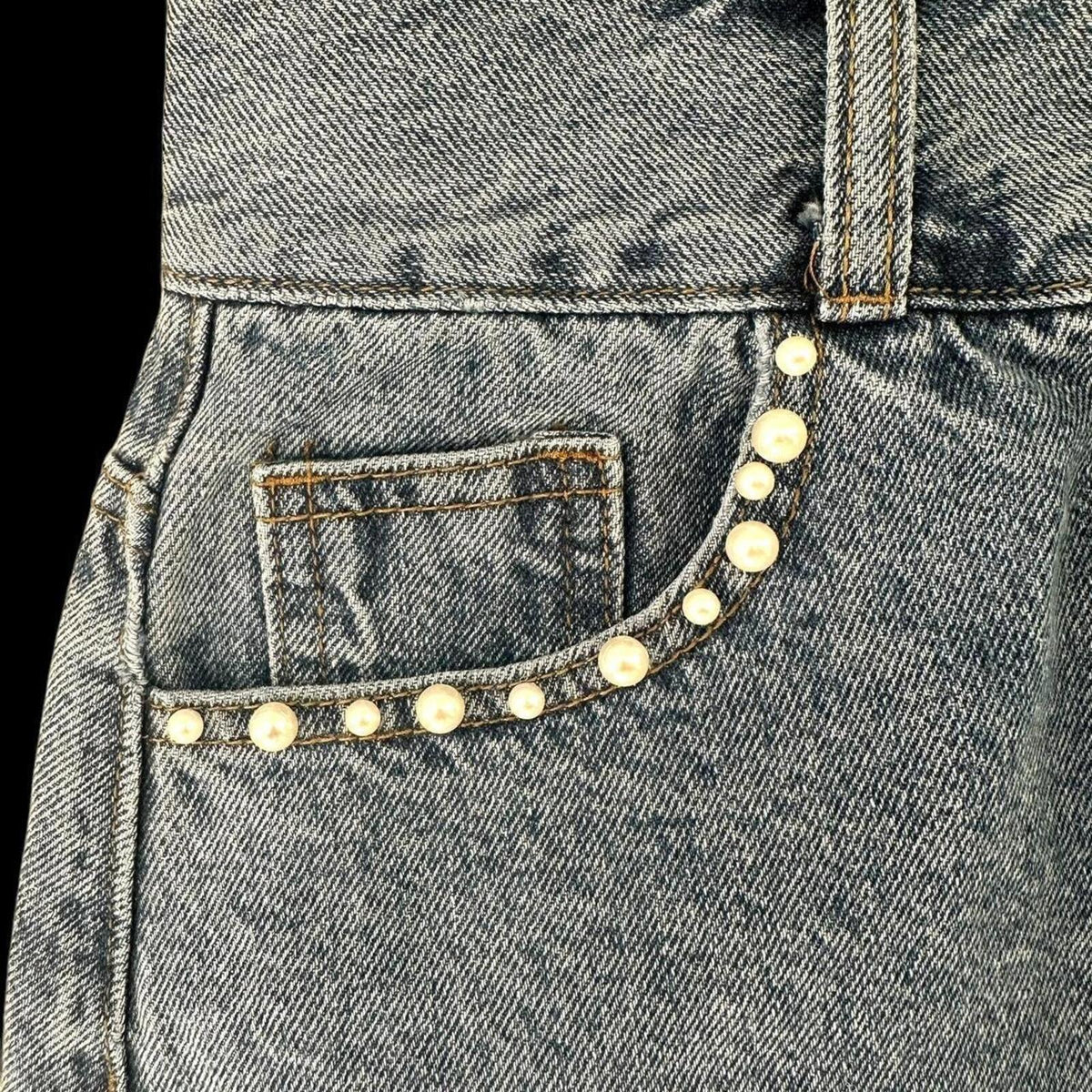 Up Jeans Denim Skirt with Pearl Detailing and Slit Blue