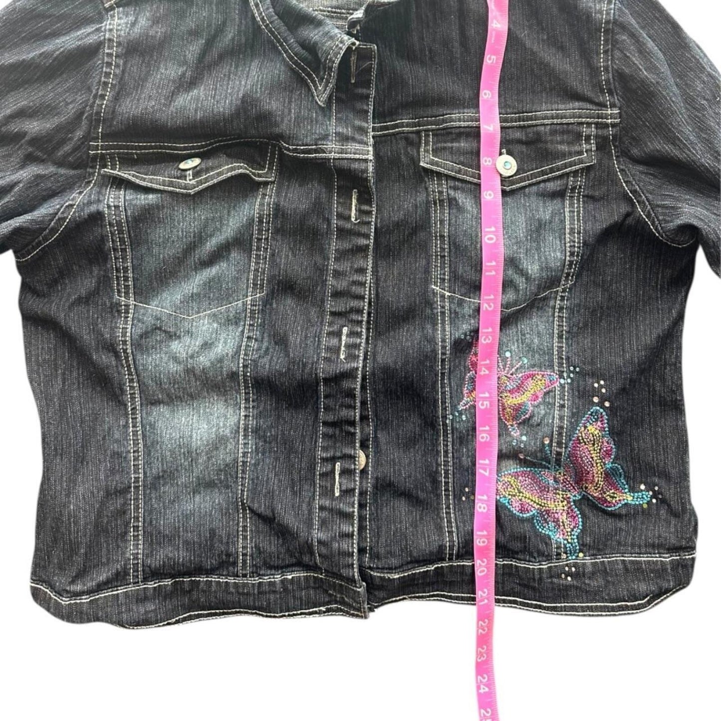 Arizona Jean Company Y2K Butterfly Embroidered Denim Jacket in Dark Wash
