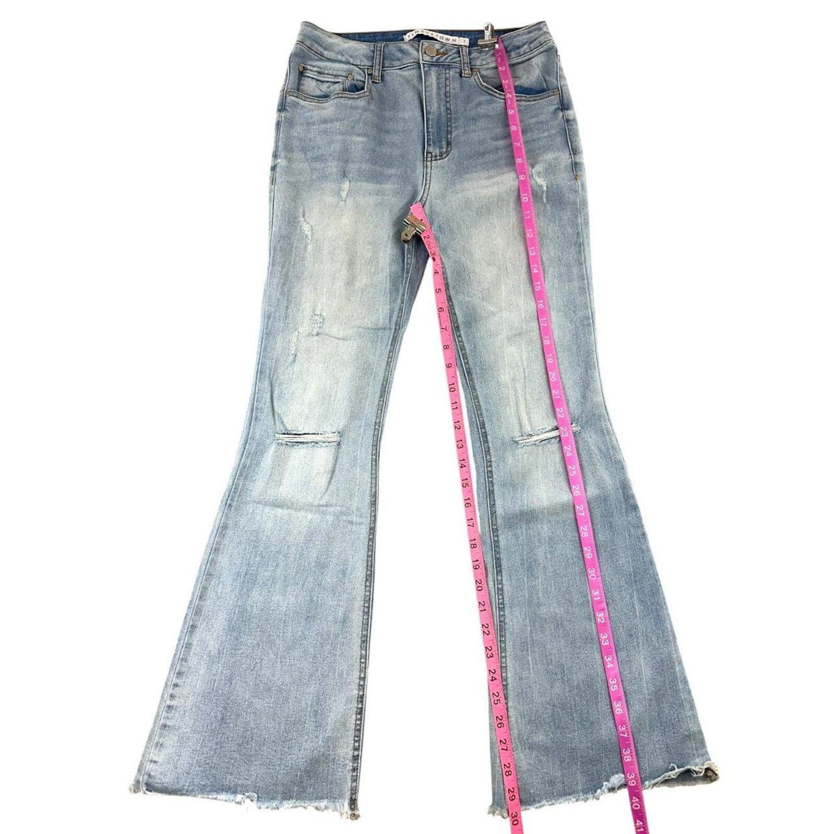 Tinseltown Light Wash Distressed Flare Jeans with Raw Frayed Hem Y2K Boho Style