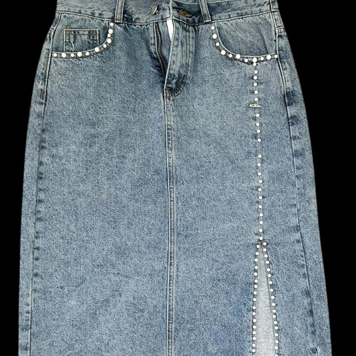 Up Jeans Denim Skirt with Pearl Detailing and Slit Blue