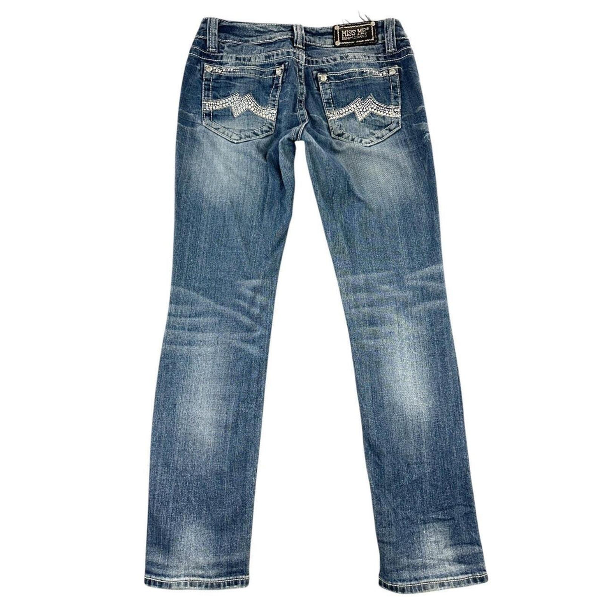 Miss Me Y2K Denim Jeans Mid Rise Straight Leg Blue with Rhinestone Embellished