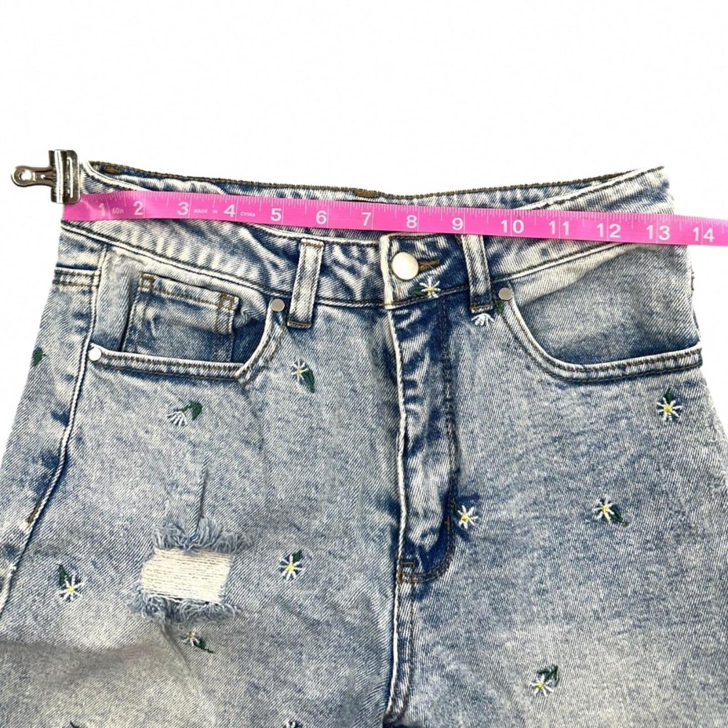 Material Girl Daisy Distressed Mom Jeans Blue High Rise Vintage Y2K Embroidered