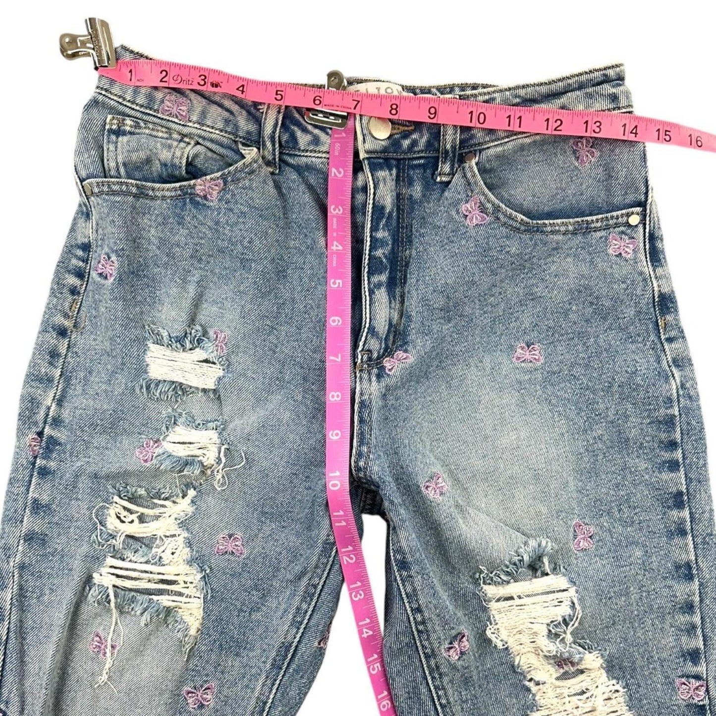 Tinseltown Butterfly Embroidered Distressed Mom Jeans High Rise Y2K Fairycore