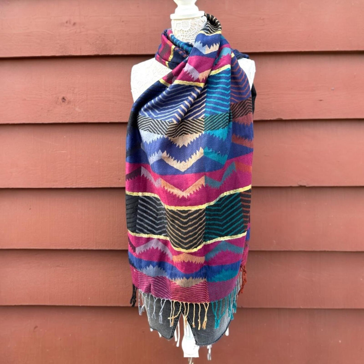 Colorful Geometric Patterned Scarf with Fringe
