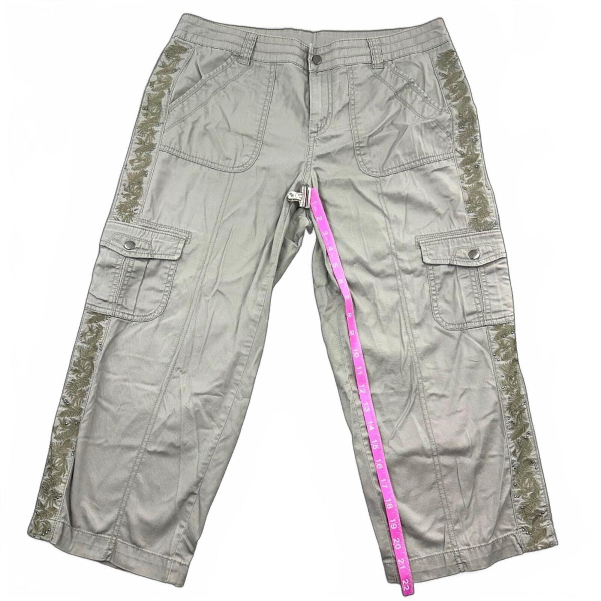 Y2K Khaki Gray Cropped Cargo Pants with Embroidered Side Detail