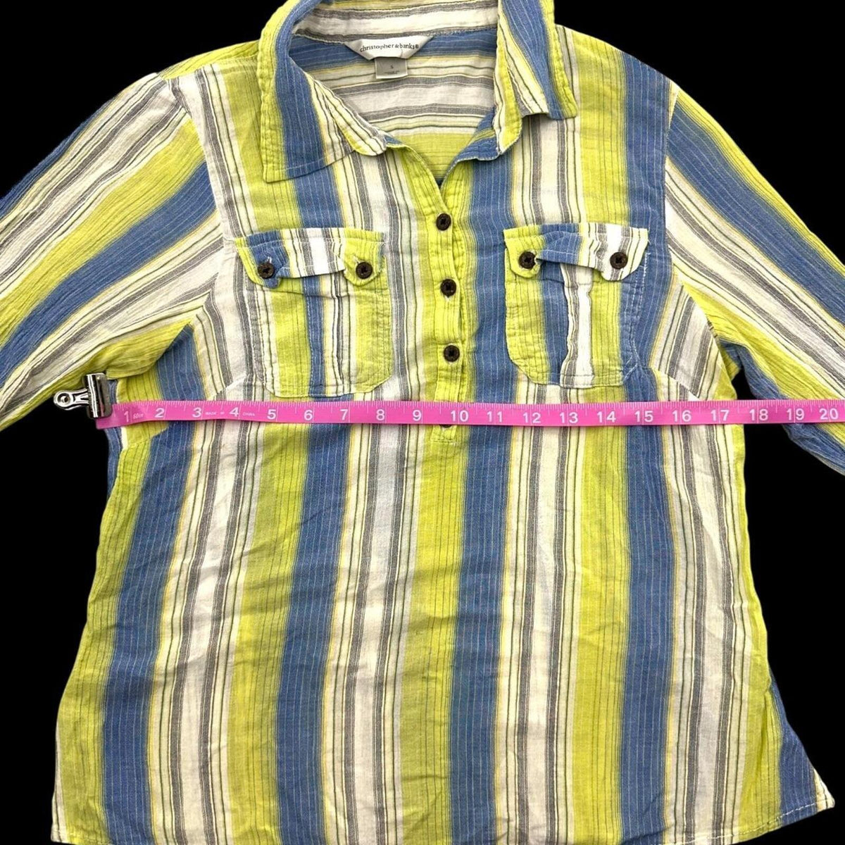Christopher & Banks Vintage Striped Button Up Top in Blue White Lime Green