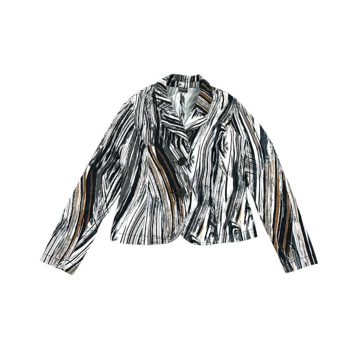 Tribal Abstract Print Stretch Blazer Black White Brown Lightweight Button