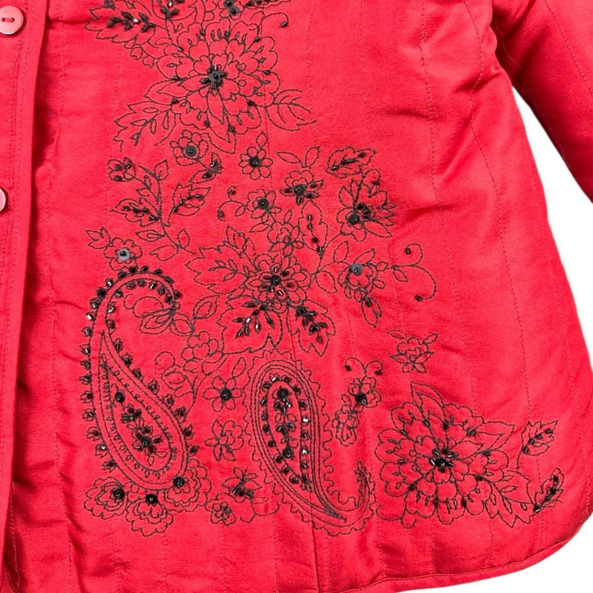 Carole Little Vintage Red Quilted Silk Jacket with Black Floral Embroidery