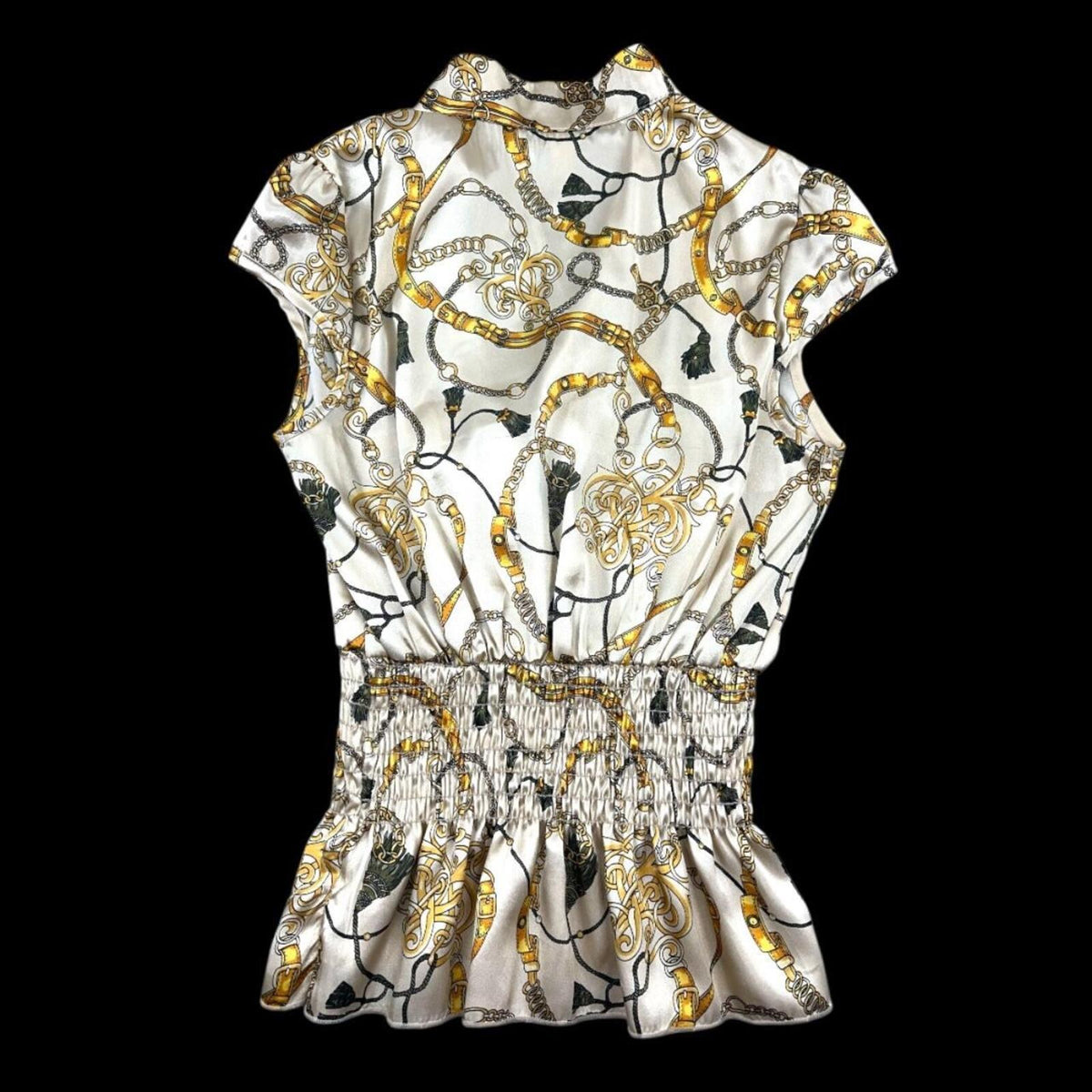 Tiara Chain Print Sleeveless Blouse White Gold Tie Front Smock