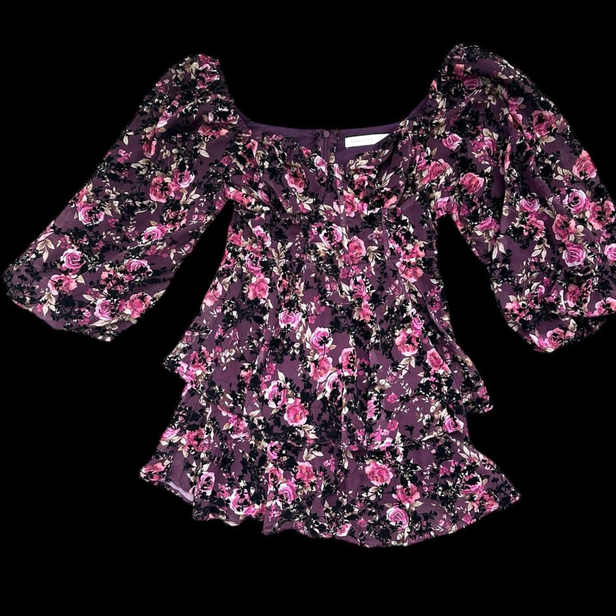 Altar'd State Burgundy Floral Velvet Mini Dress with Ruffles and Puff Sleeves