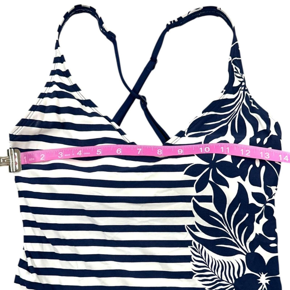 Beach House Tankini Swim Top Navy White Striped Tropical Leaf Y2K