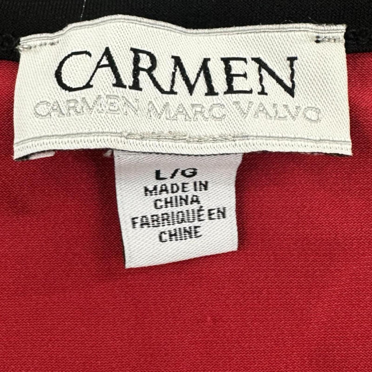 Carmen Marc Valvo Red Sleeveless Blouse with Black Trim and Zip Front