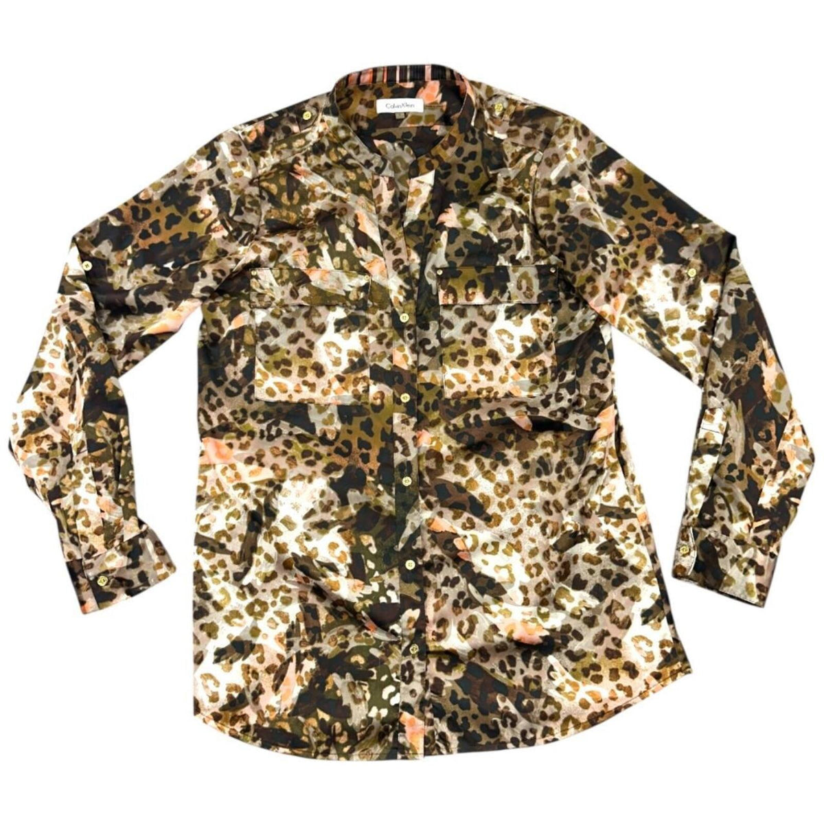 Calvin Klein Brown Cream Leopard Print Long Sleeve Button Down