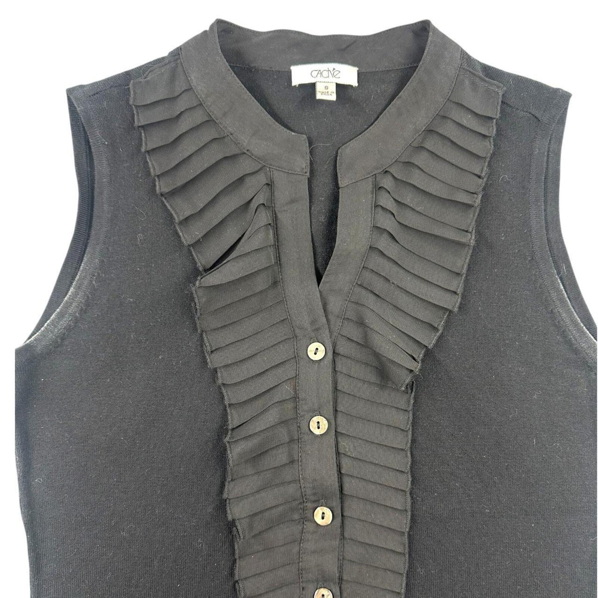 Cache Vintage Black Pleated Ruffle Sleeveless Blouse Y2K Minimalist