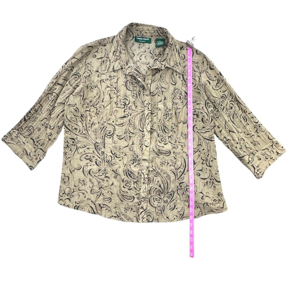 Lemon Grass Studio Brown Tan Paisley Button Down Blouse Y2K Bohemian Casual
