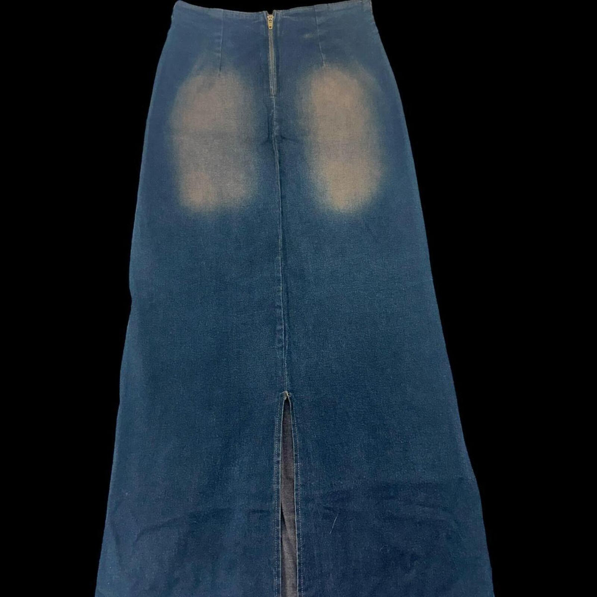 MOA Long Distressed Denim Skirt Dark Wash with Brown Copper Accents