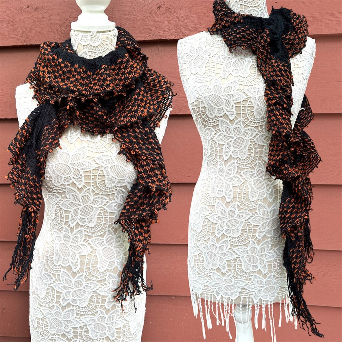 Cozy Black and Orange Ruffled Scarf