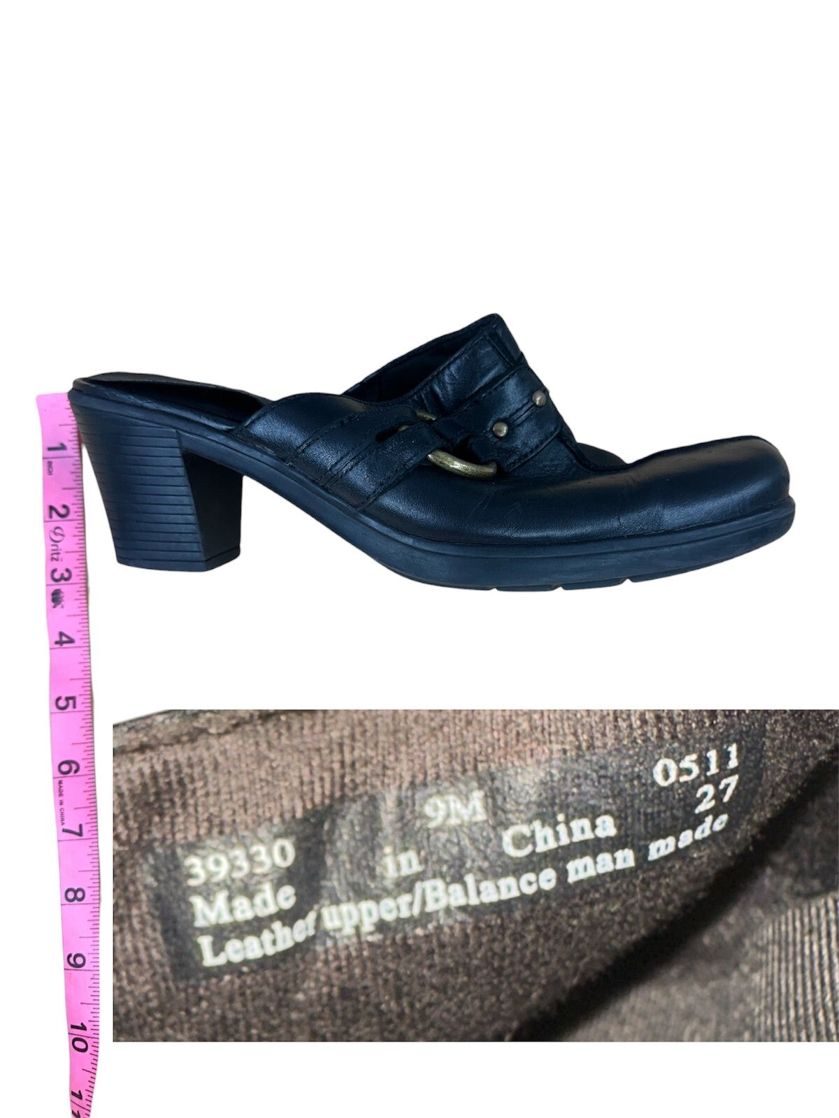 Clarks Black Leather Mules with Block Heel Gold Buckle Detail Classic