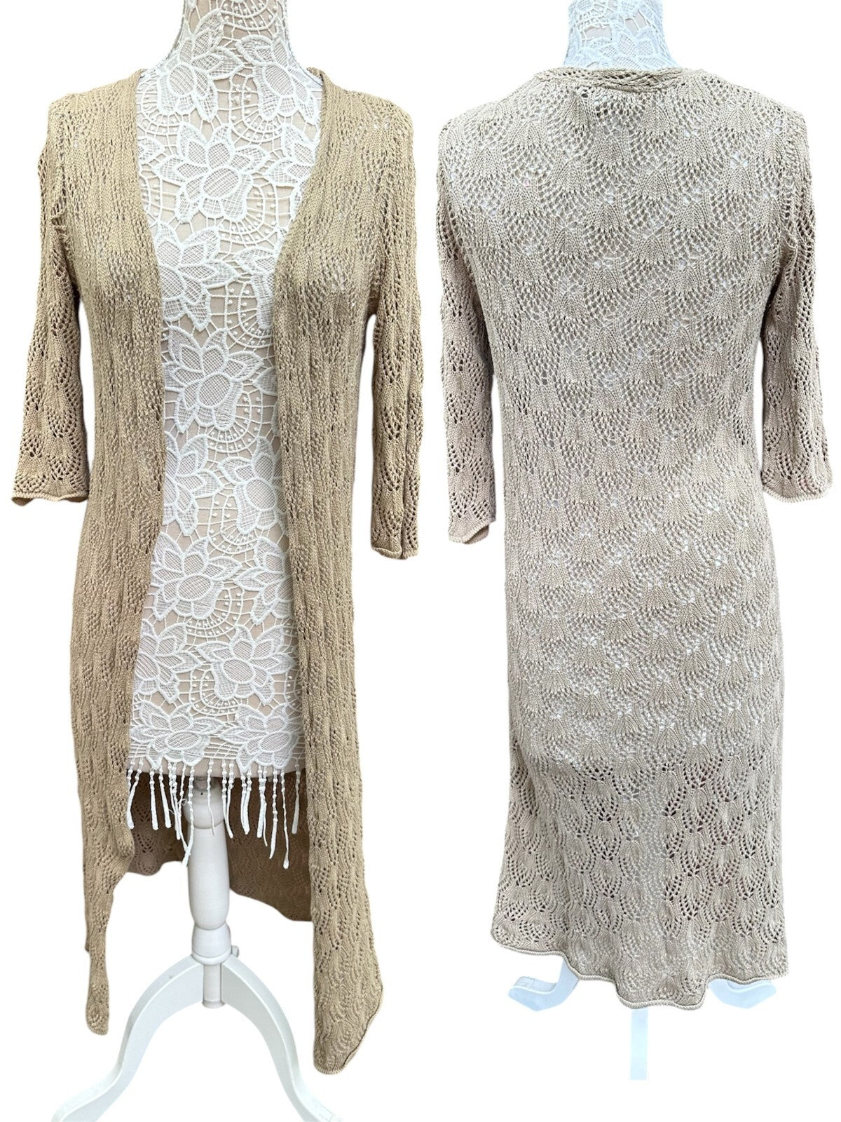 WD NY Beige Crochet Cardigan Lightweight Bohemian Knitwear