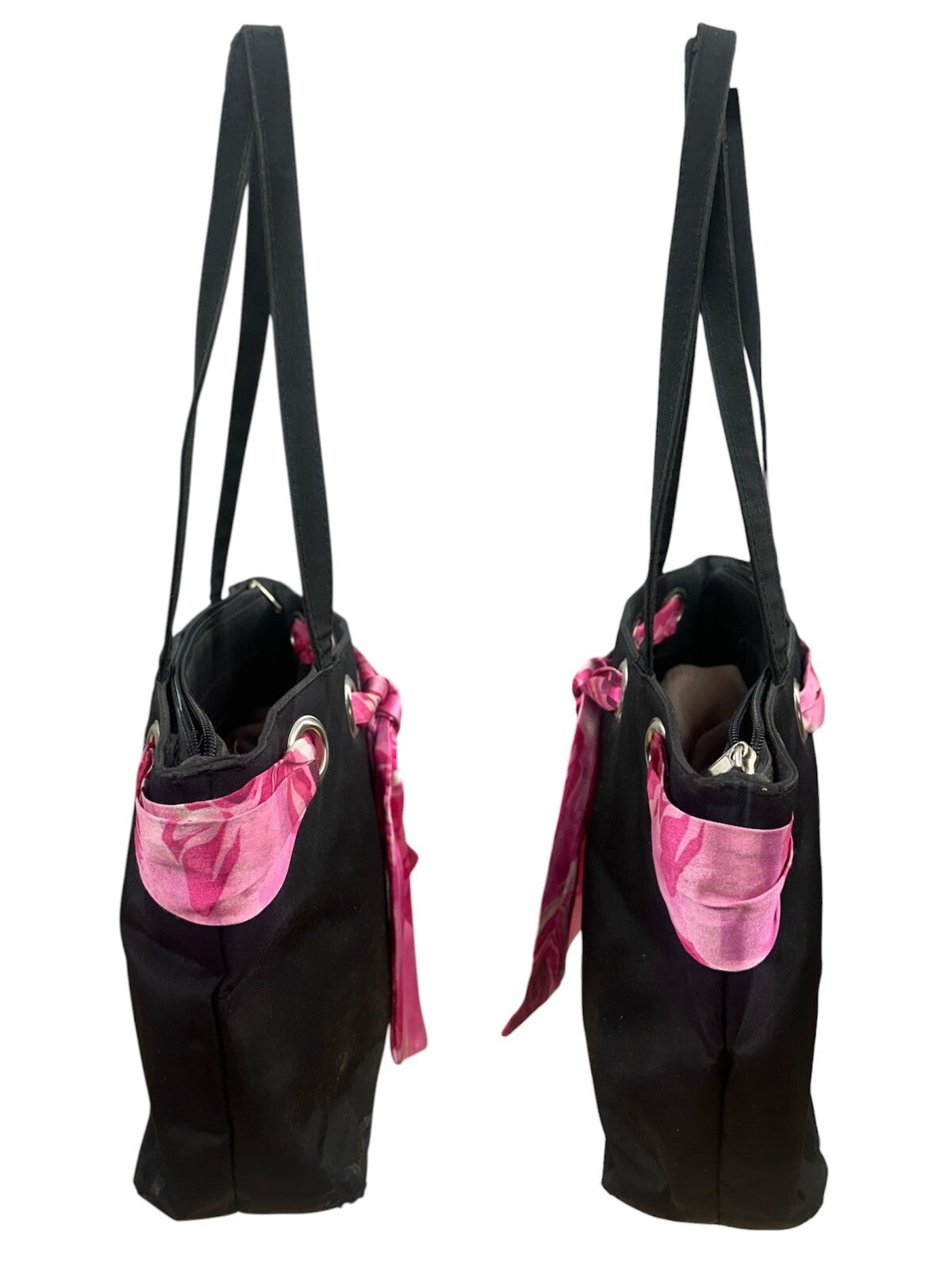Black Tote Bag with Pink Scarf Detail