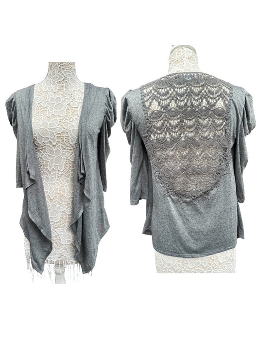 Xhilaration Gray Lace Back Open Front Cardigan with Puff Sleeves Feminine