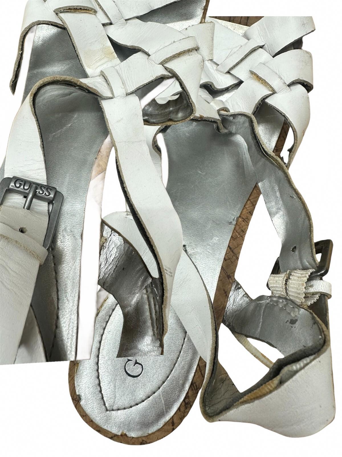 GUESS White Leather Wedge Sandals with Cork Heel
