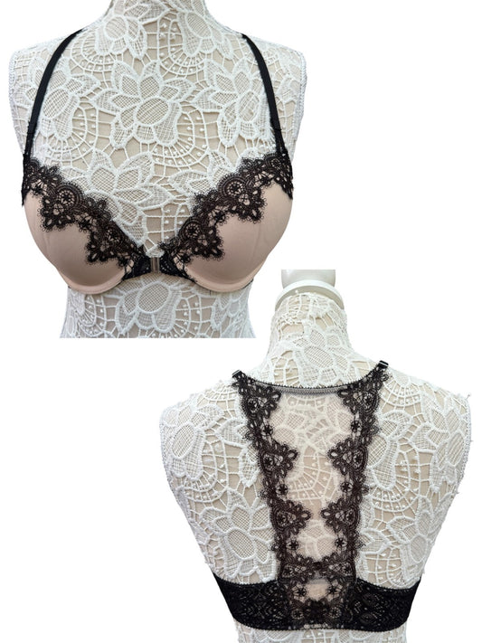 Victoria's Secret 34C Beige and Black Lace Racerback Dream Angels Push Up Bra