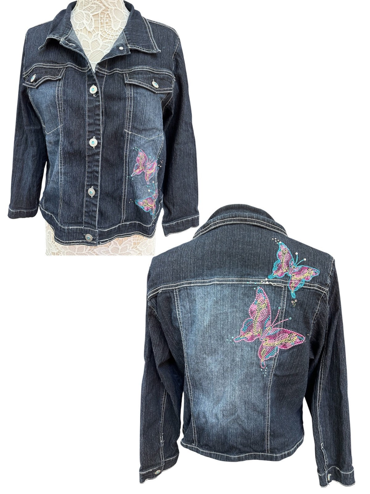 Arizona Jean Company Y2K Butterfly Embroidered Denim Jacket in Dark Wash