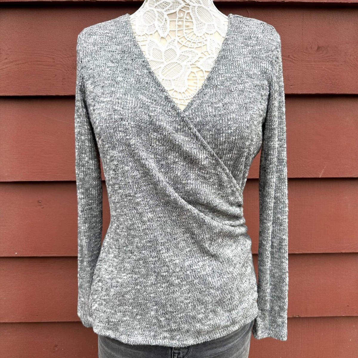 Rock & Republic Gray Marled Knit Faux Wrap Long Sleeve Top