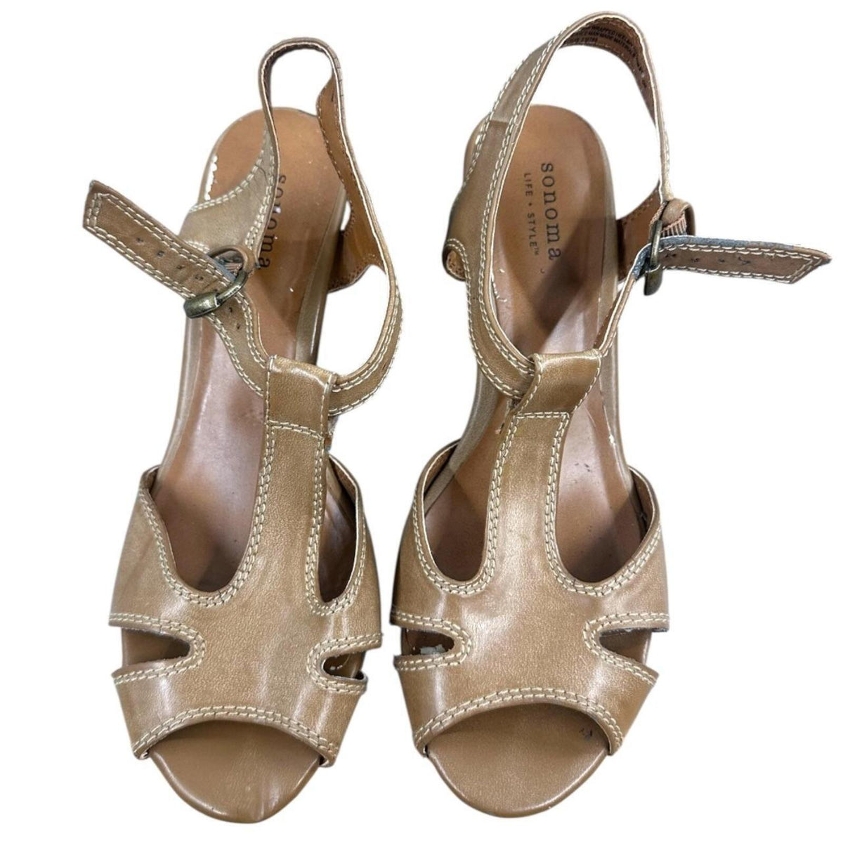 Sonoma Goods for Life Brown Leather T Strap Sandals Y2K Coquette Cottage