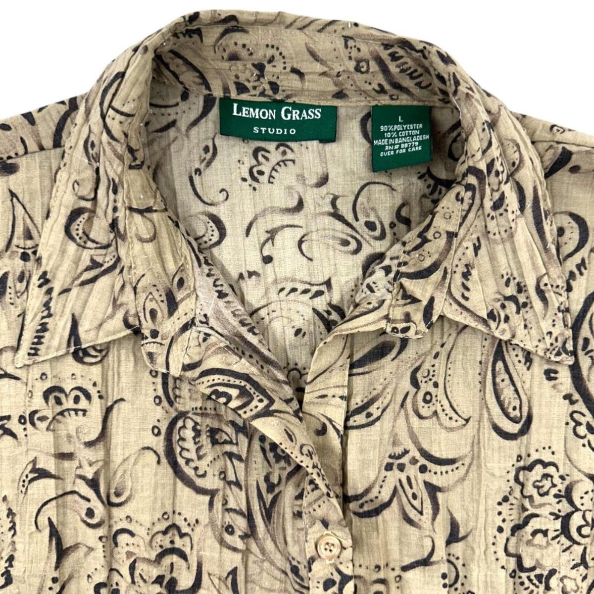 Lemon Grass Studio Brown Tan Paisley Button Down Blouse Y2K Bohemian Casual