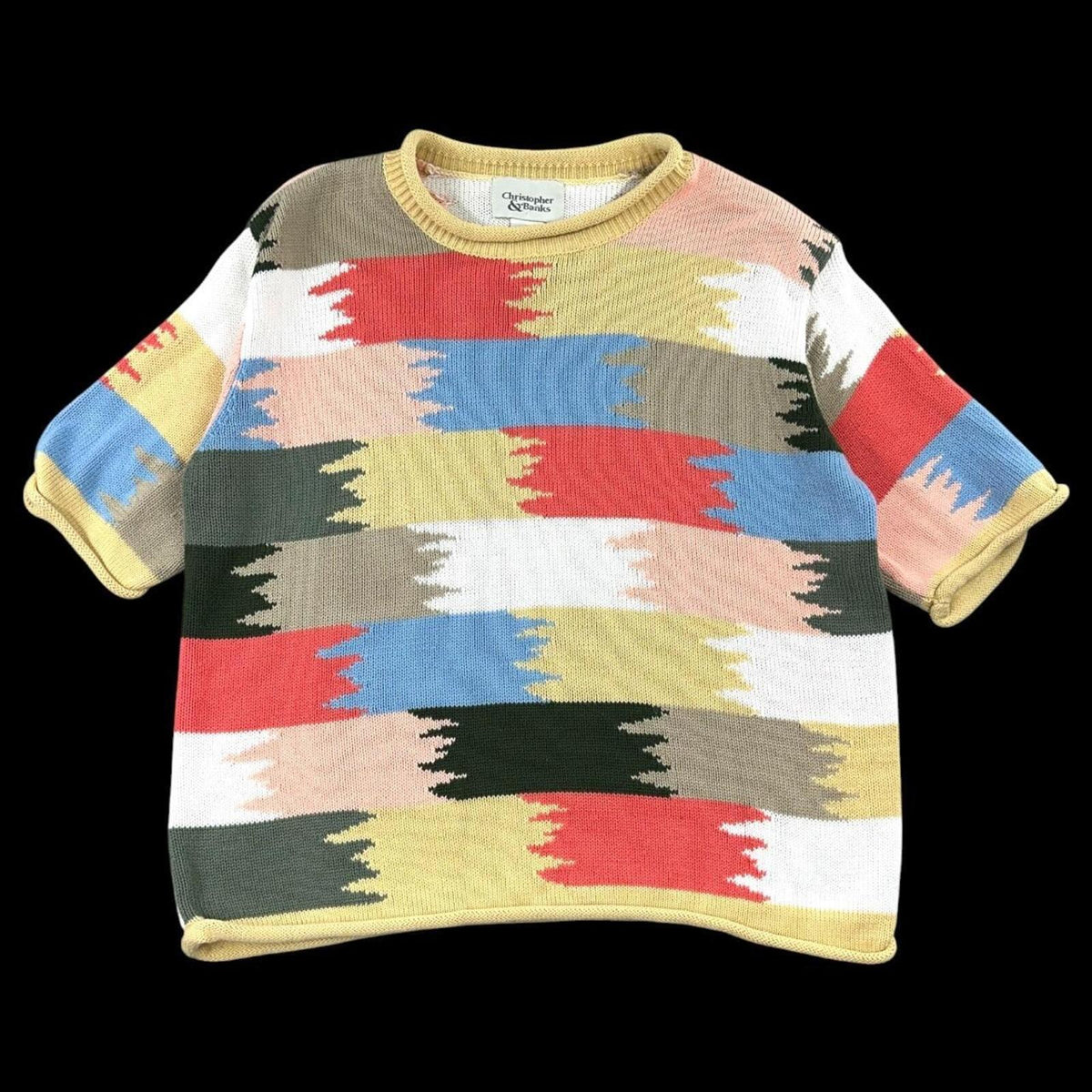 Christopher & Banks Multi Color Abstract Block Pattern Short Sleeve Sweater
