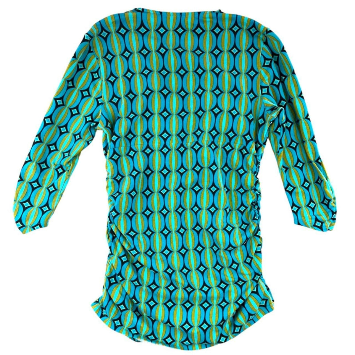 Bisous Y2K Retro Indie Blue Multi Geometric Print V Neck 3/4 Sleeve Blouse